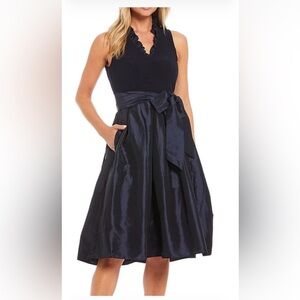 Jessica Howard Navy Scalloped V-Neck Midi Dress with Satin Waist Tie